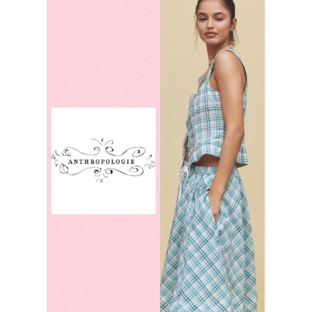 NWOT SZ M Anthropologie Maeve Teal/White Plaid Skirt